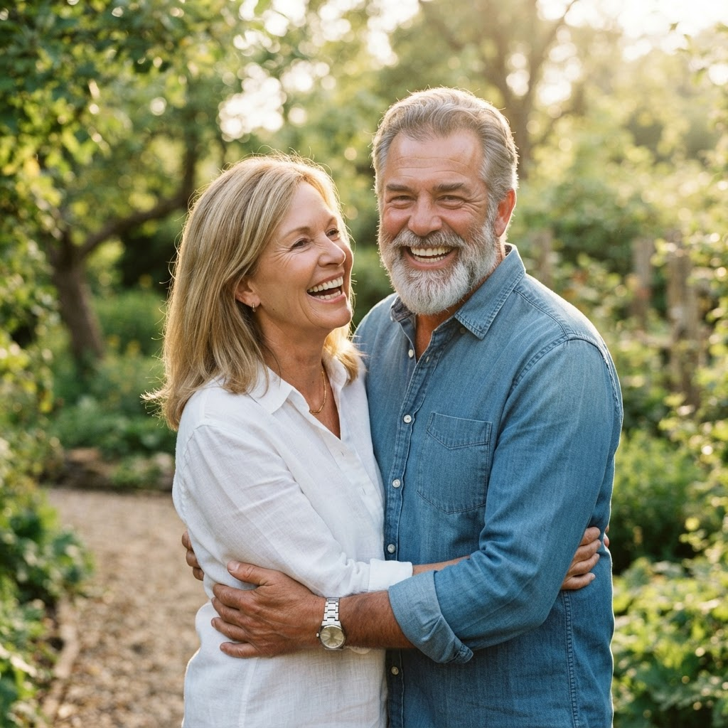 A happy senior couple smiling together outdoors