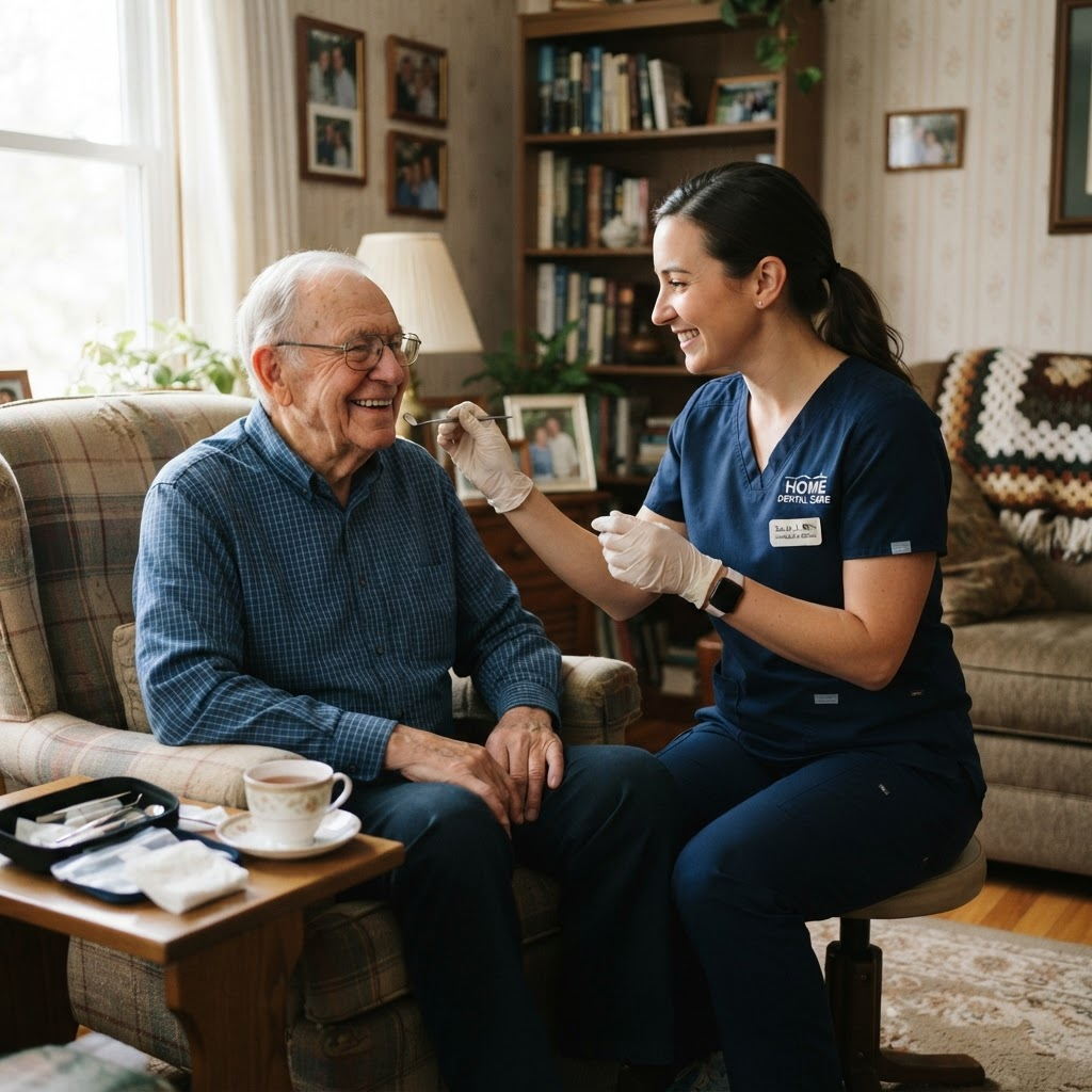 Denturist providing a home visit to a senior patient